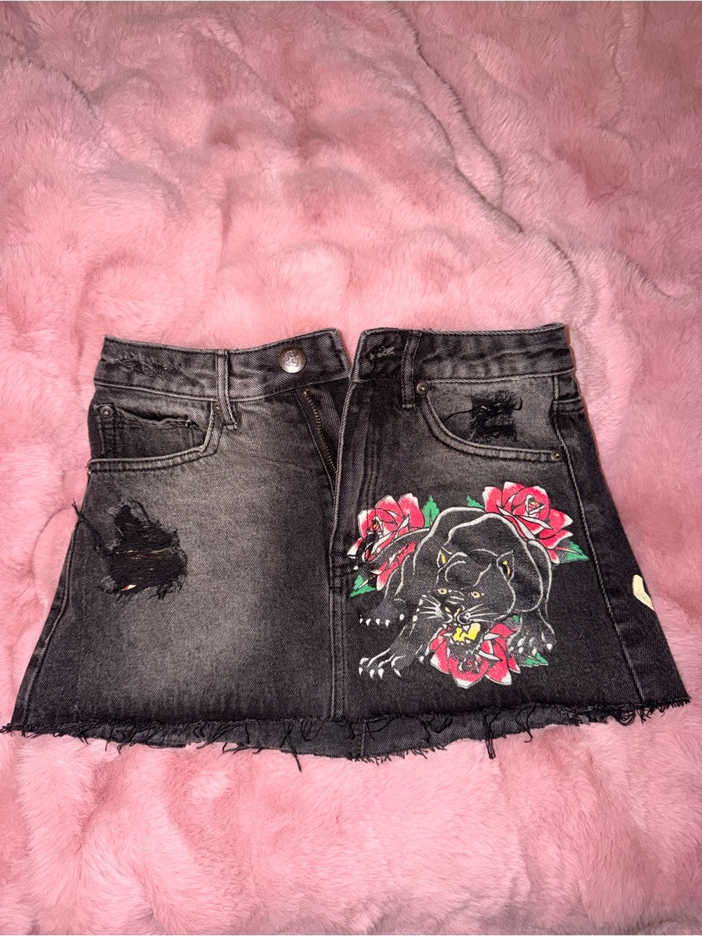 Ed Hardy Black Denim Mini Skirt with Panther & Rose Print